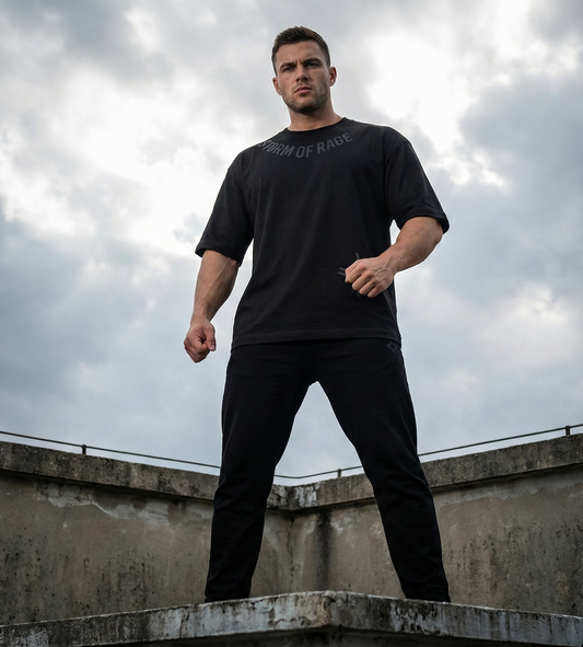 Man wearing a black 'Born of Rage' t-shirt standing on a concrete ledge with a cloudy sky background.