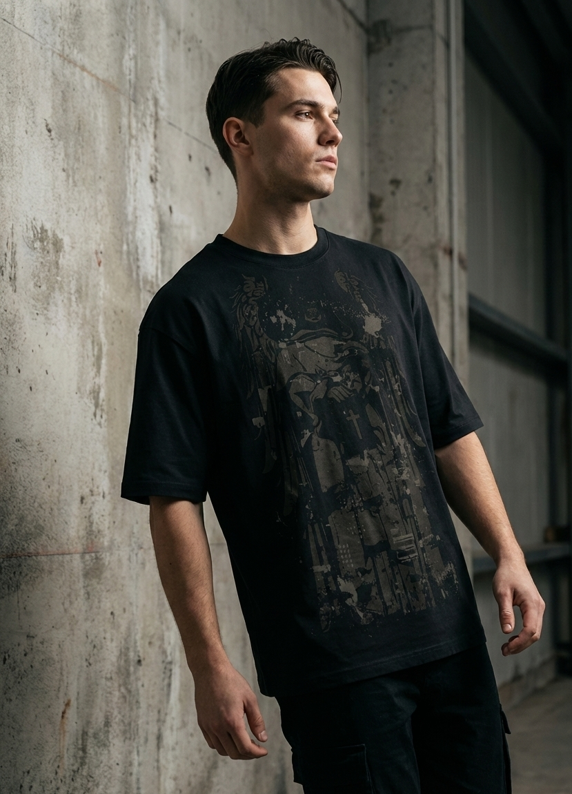 Man wearing a black t-shirt with a graphic design against a textured wall.