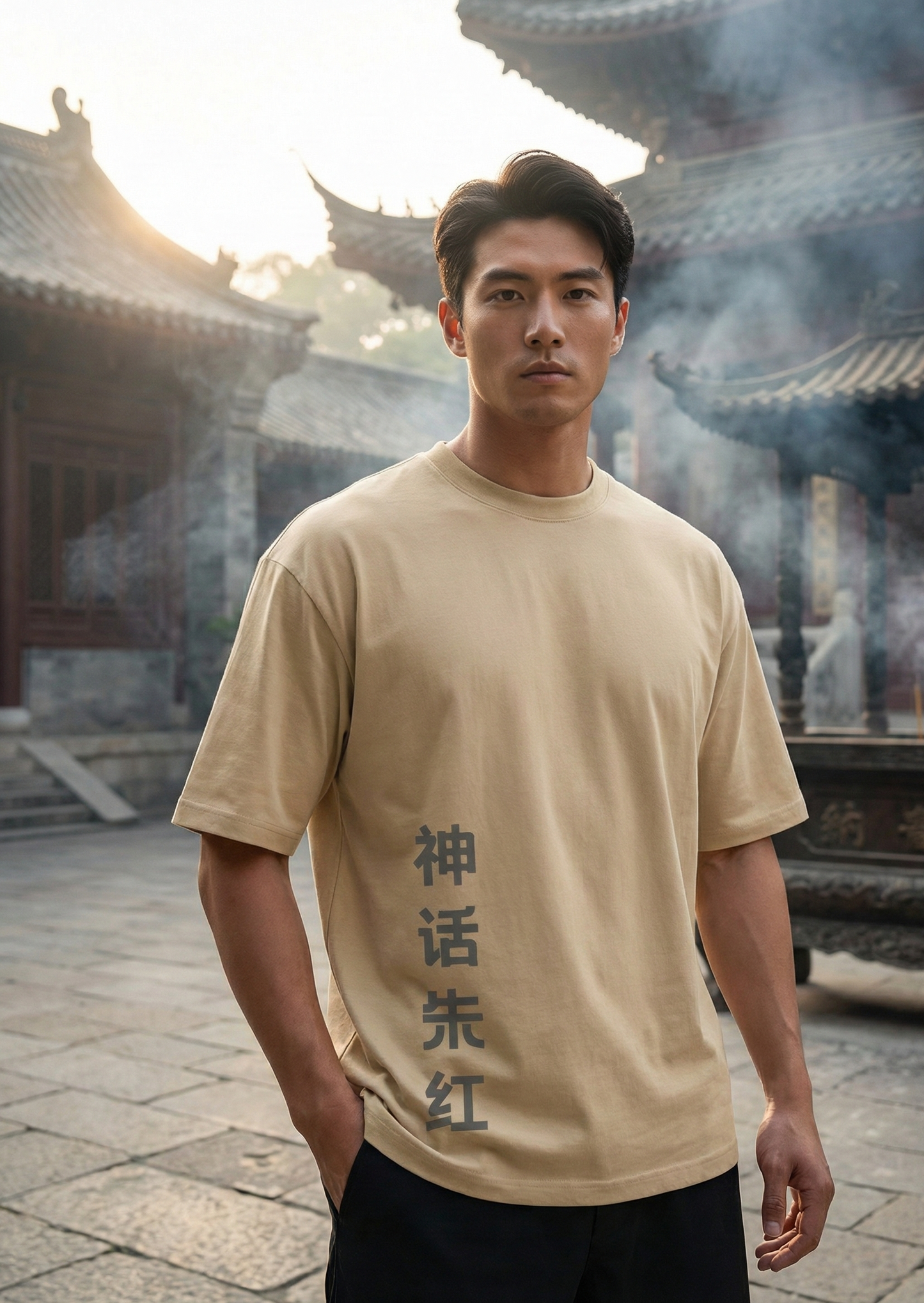 Man wearing a beige t-shirt with Chinese characters in front of traditional architecture
