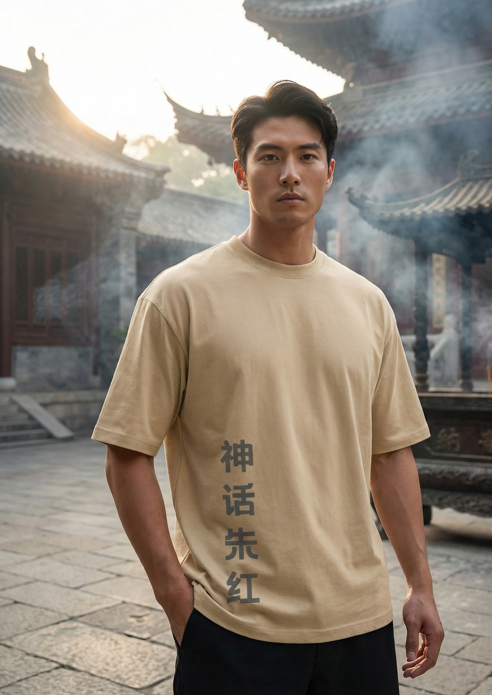 Man wearing a beige t-shirt with Chinese characters in front of traditional architecture
