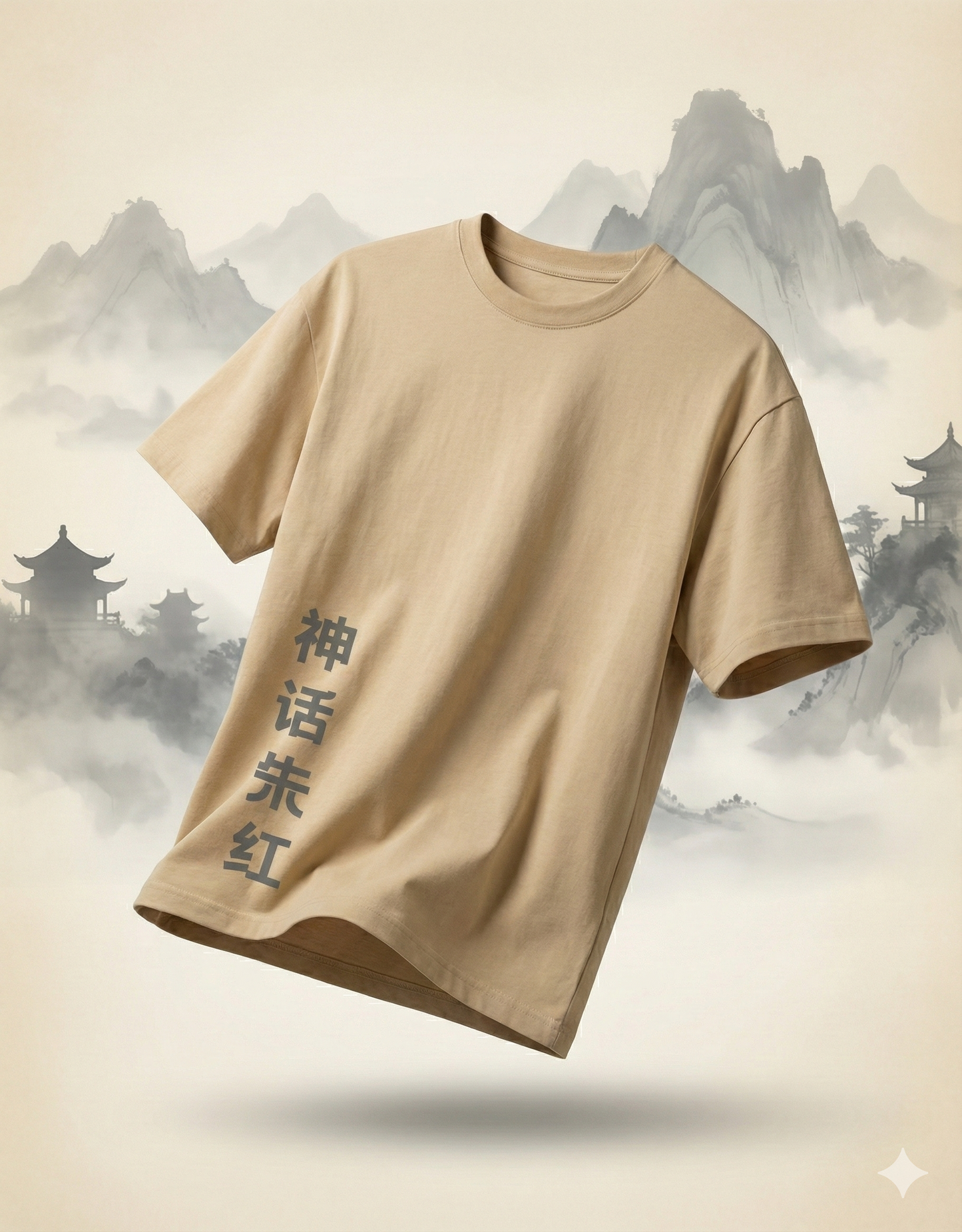 Beige t-shirt with text on a scenic background