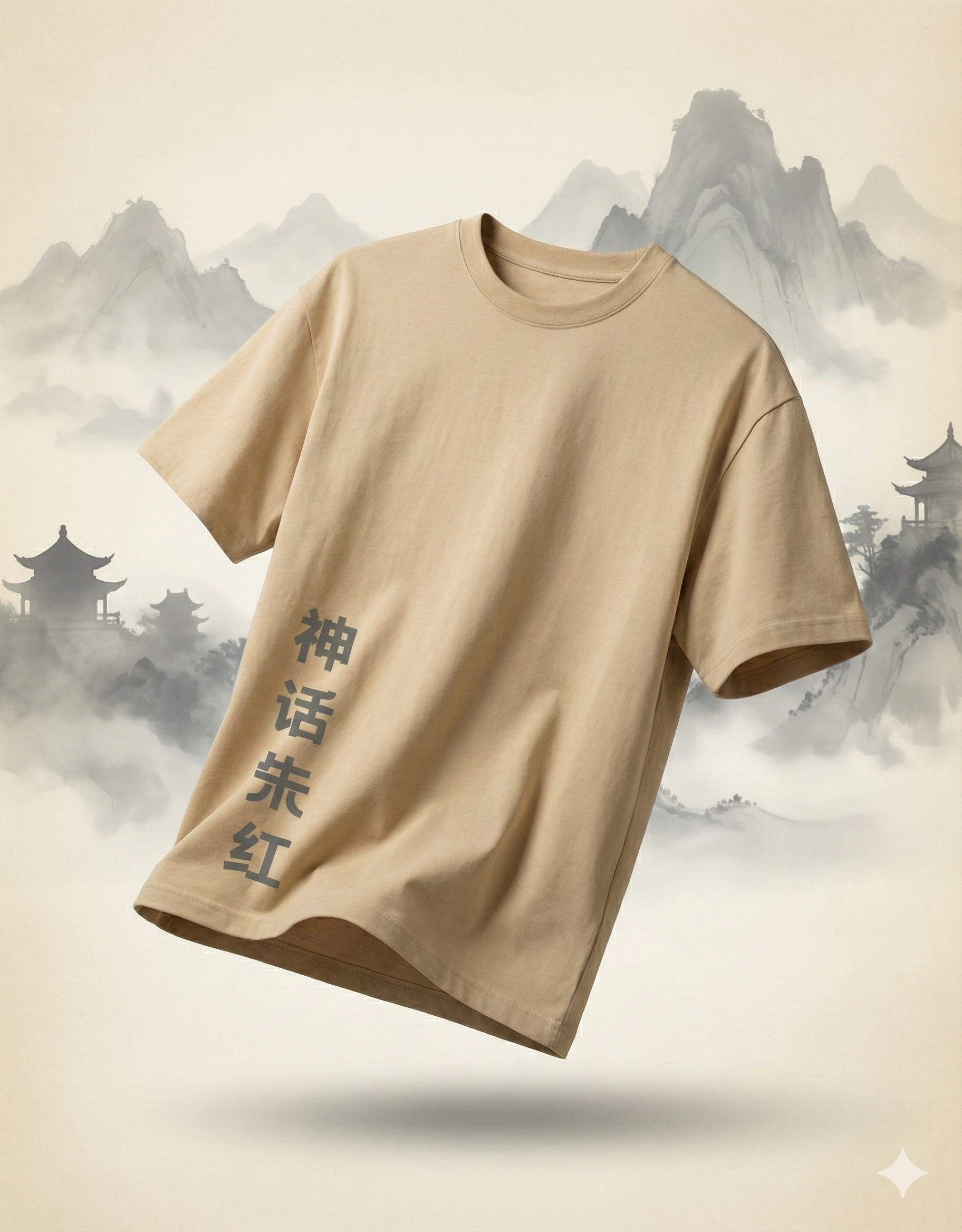 Beige t-shirt with text on a scenic background