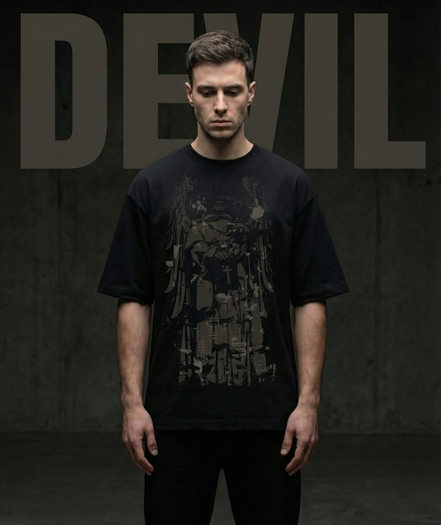 Person wearing a black t-shirt with graphic design against a dark background with 'DEVIL' text.