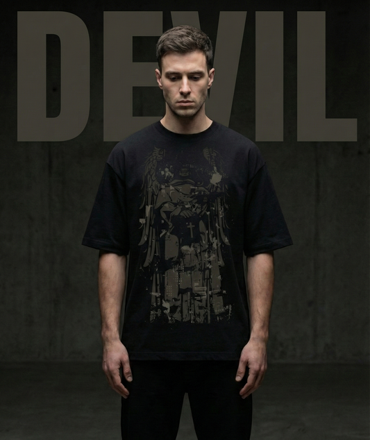 Person wearing a black t-shirt with graphic design against a dark background with 'DEVIL' text.