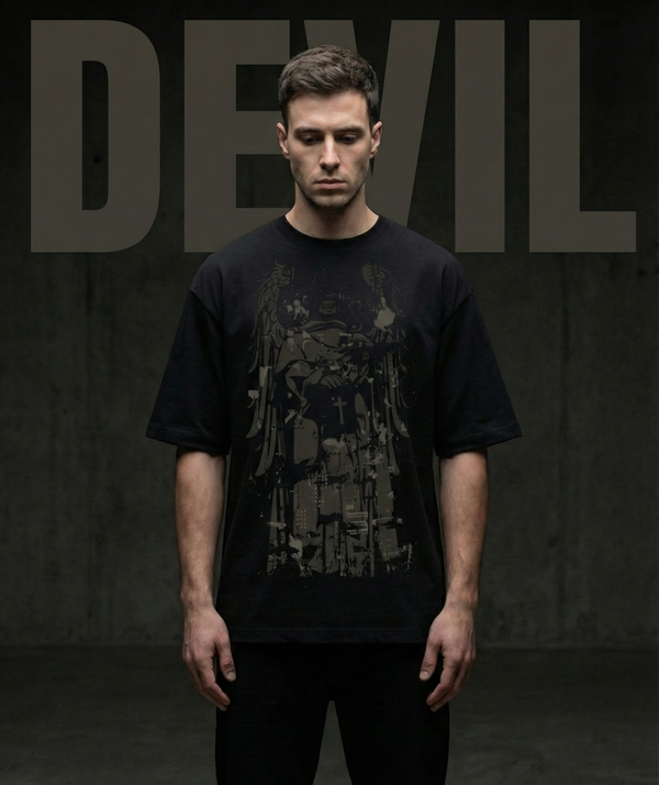 Person wearing a black t-shirt with graphic design against a dark background with 'DEVIL' text.